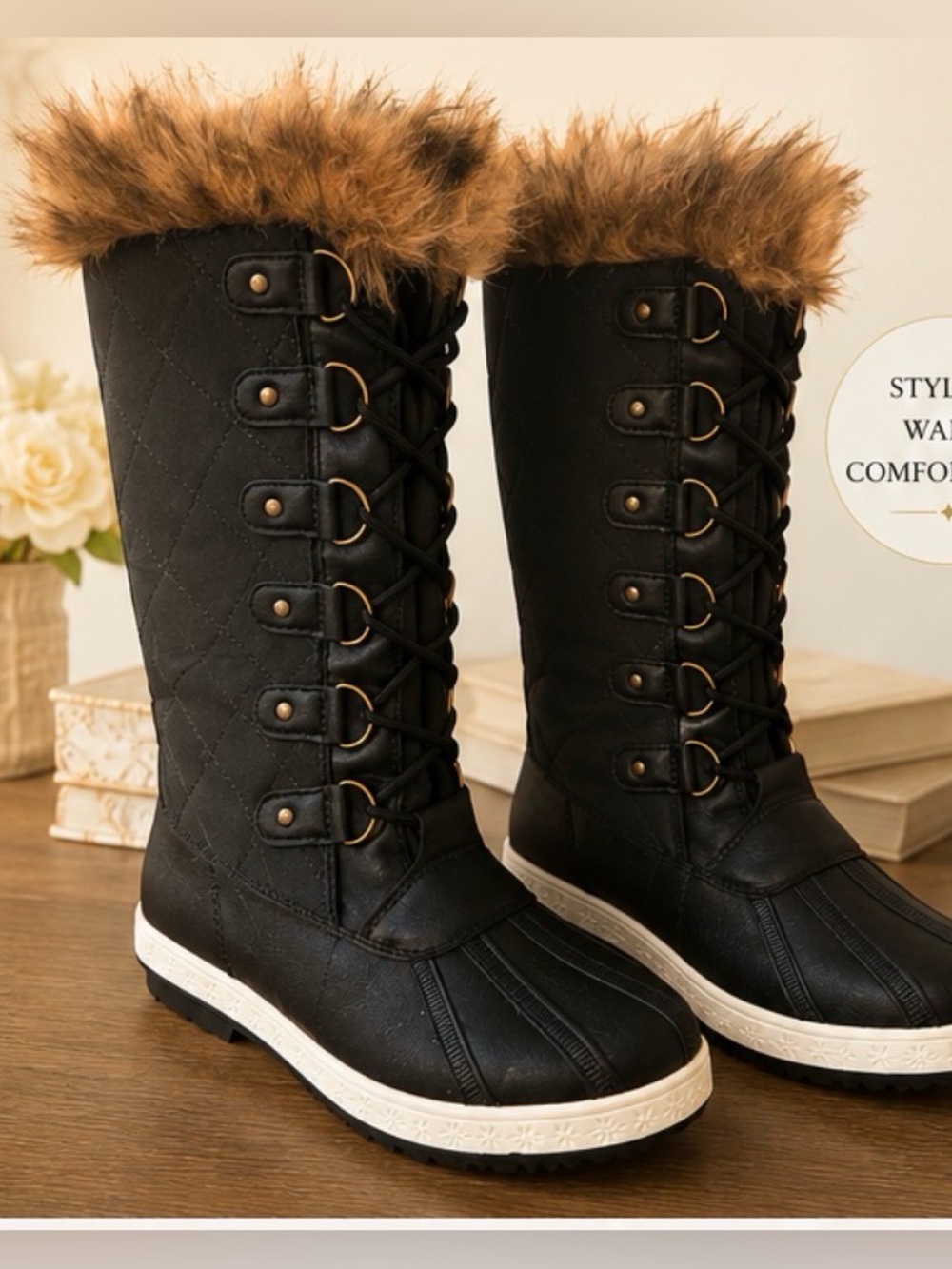 Women's Black Faux-Fur Top Lace-Up Winter Boots
